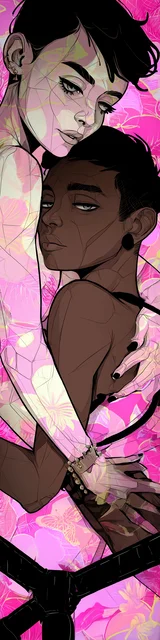 Free dark romance bookmark featuring a couple hugging tightly against a pink backdrop